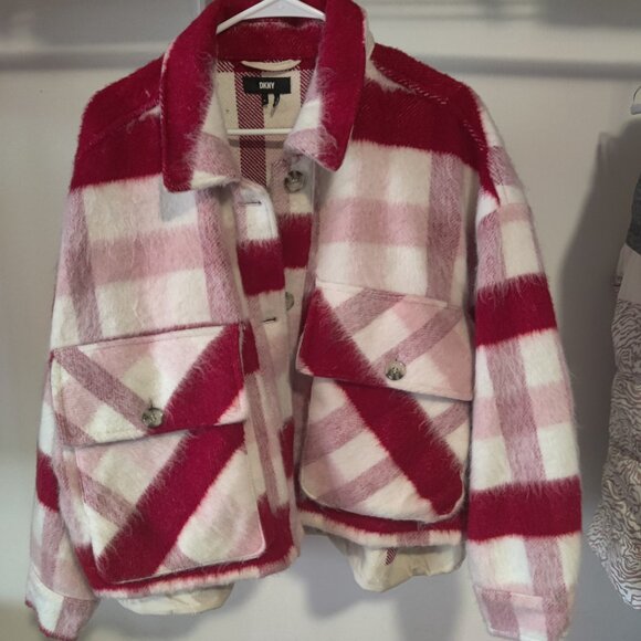 NWoT DKNY Women's Brushed Button Up Cozy Jacket Red Check Size XL $200 6C092 - Picture 1 of 2